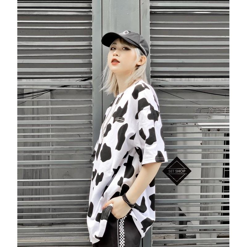 Áo thun cotton tay lỡ Unisex -- ÁO Loang Bò Sữa LOGO TAY LỠ Dáng Dài --Bống Store