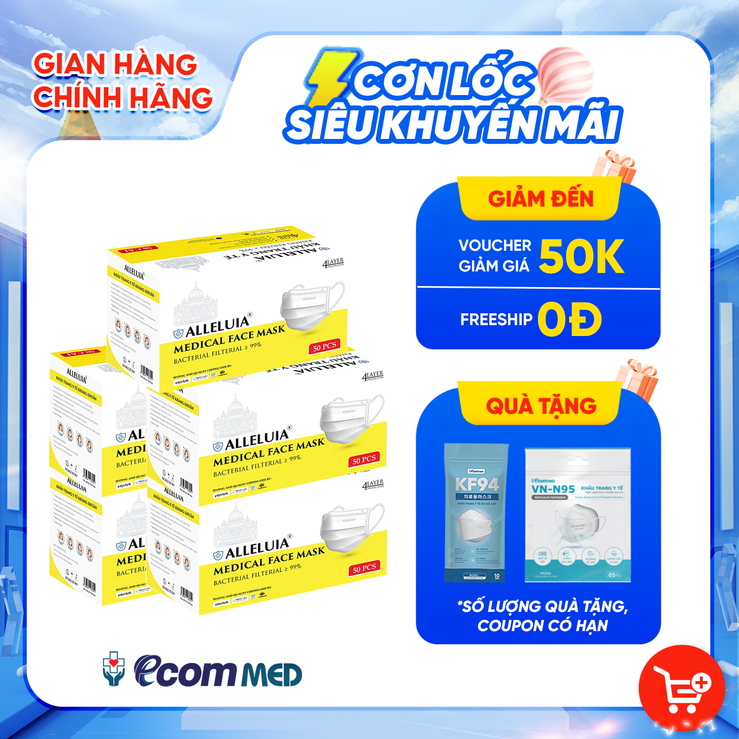 Combo 5 Hộp Khẩu Trang y tế Alleluia 4 Lớp Kháng Khuẩn 99%