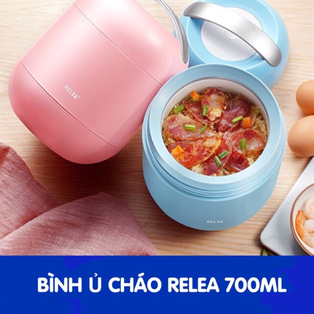 Bình ủ cháo áp suất Relea 700ml thiết kế 6 lớp cách nhiệt tốt (kèm thìa inox gấp gọn) - Bình giữ nhiệt kháng khuẩn nấu cháo cho bé không cần nấu, đựng canh, súp, giữ nóng/ lạnh 8-12 tiếng đồng hồ