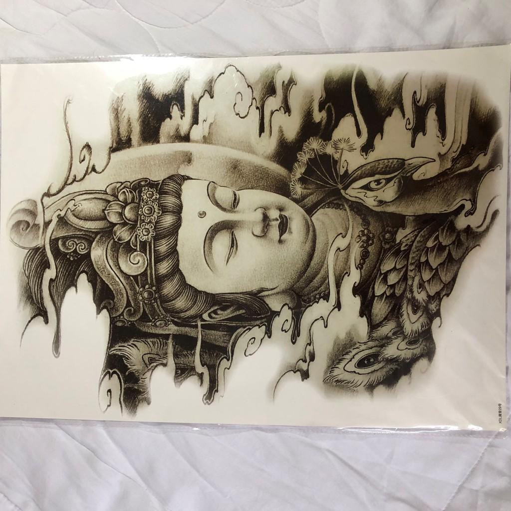 Hình xăm dán kín lưng cao cấp phật bà trắng đen 34x48cm