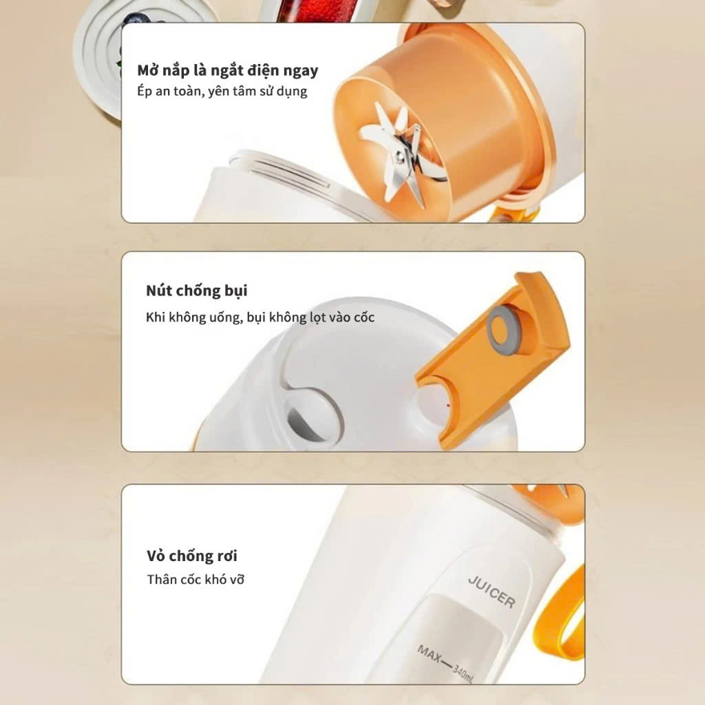 Máy Xay Sinh Tố Cầm Tay Mini 340ml Pin Sạc 4000mAh Type-C 8 Lưỡi Nghiền Đá Cốc Xay Hoa Quả Du Lịch - HÀNG CHÍNH HÃNG MINIIN