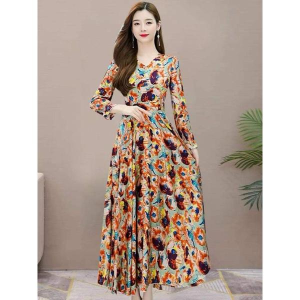 HÀNG NHẬP - ĐẦM MAXI VOAN HOA CỔ V TAY DÀI