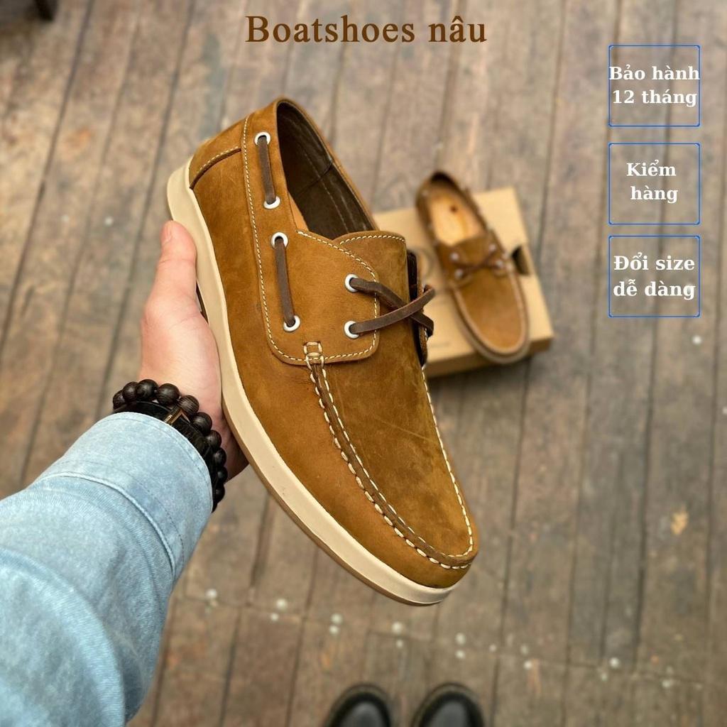 Giày da nam Boat Shoes Crazy Horse Nâu da bò nâu sáp cao cấp Hanmade, Lucas Shoes, Bảo hành 1 năm