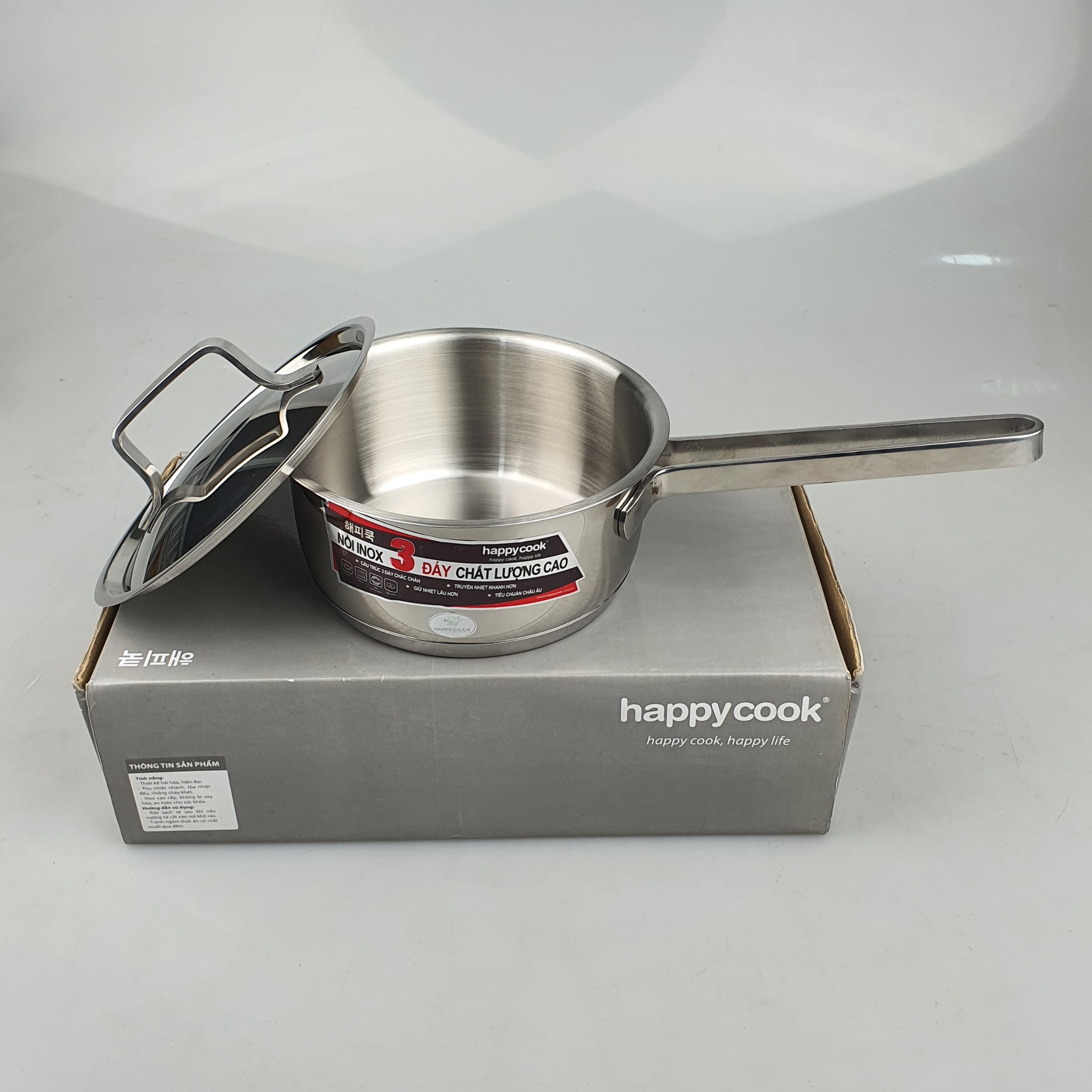 Quánh inox 3 đáy từ size 16cm Happycook, nắp inox, sử dụng được trên mọi loại bếp-hàng chính hãng