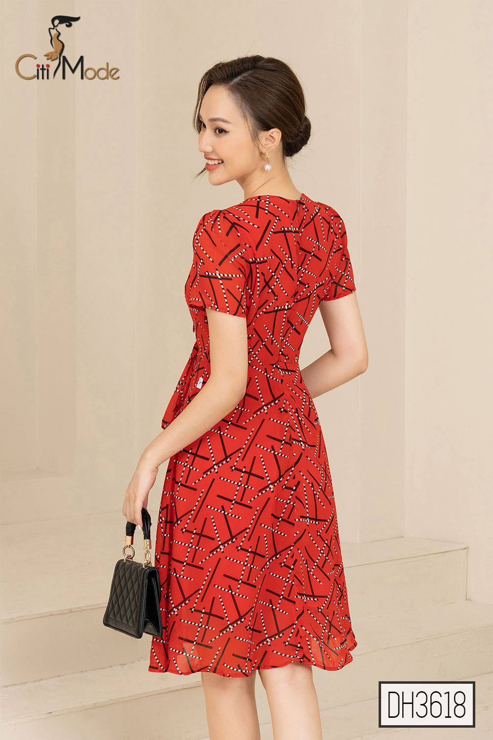 Đầm xòe peplum nữ đỏ họa tiết CITI MODE cổ V tay ngắn chất Voan cao cấp DH3618