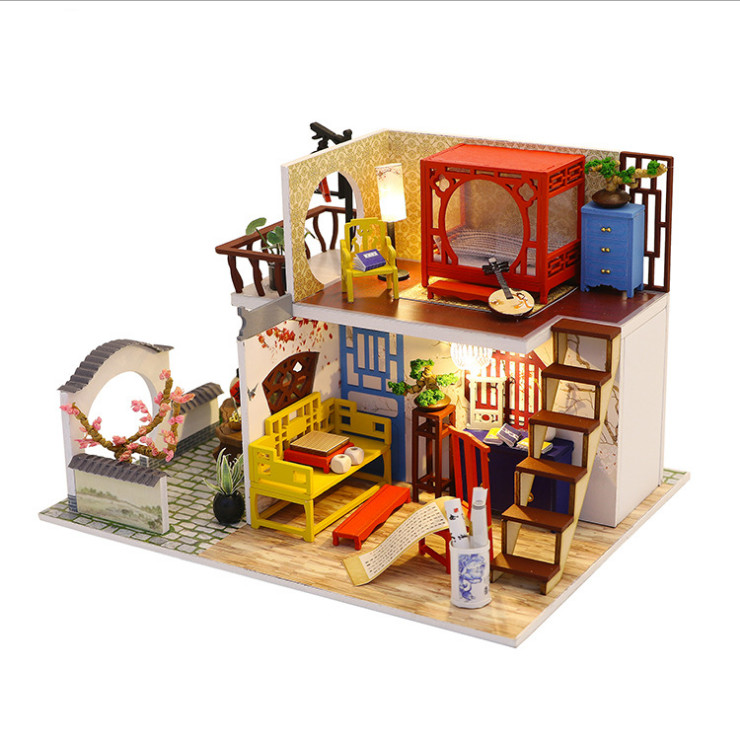 Mô hình nhà DIY Doll House Leisurely Jiangnan Kèm Đèn LED và Mica chống bụi