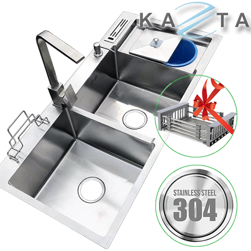 Combo Chậu Rửa Chén Bát Tiện Lợi Kazta KZ-CB10048H - Chậu inox cao cấp có hố rác, khay cài dao thớt, bình xà phòng, rổ rút đựng rau củ