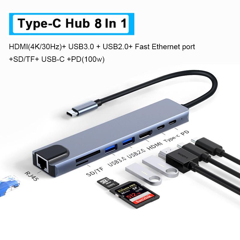 (8 in 1) HUB Type C, USB 3.0 PD100W HDMI Tốc Độ Cao Cổng Chia USB Mở Rộng Kết Nối Chuyển Đổi Cho Laptop Táo Laptop PC