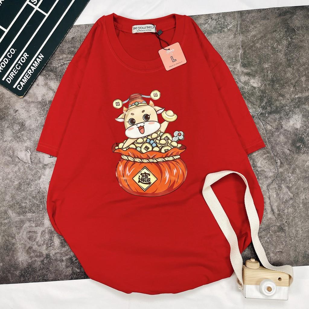 ÁO THUN TAY NGẮN TRÂU TẾT 2021 ÔM TÚI TIỀN NAM NỮ SIZE M L XL
