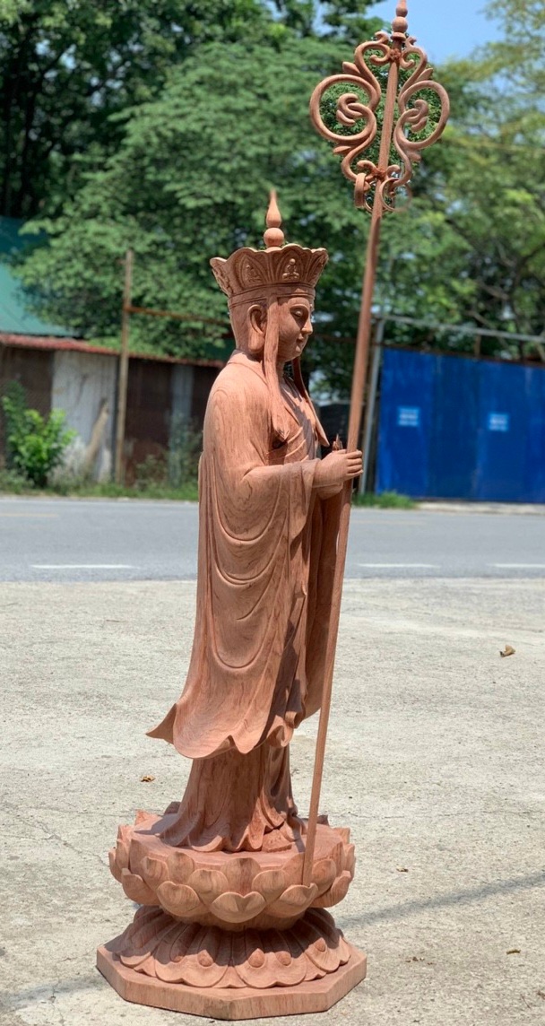 Tượng phật địa tạng vương bồ tát bằng gỗ hương đá liền khối đẹp long lanh kt cao 100m×34×33cm