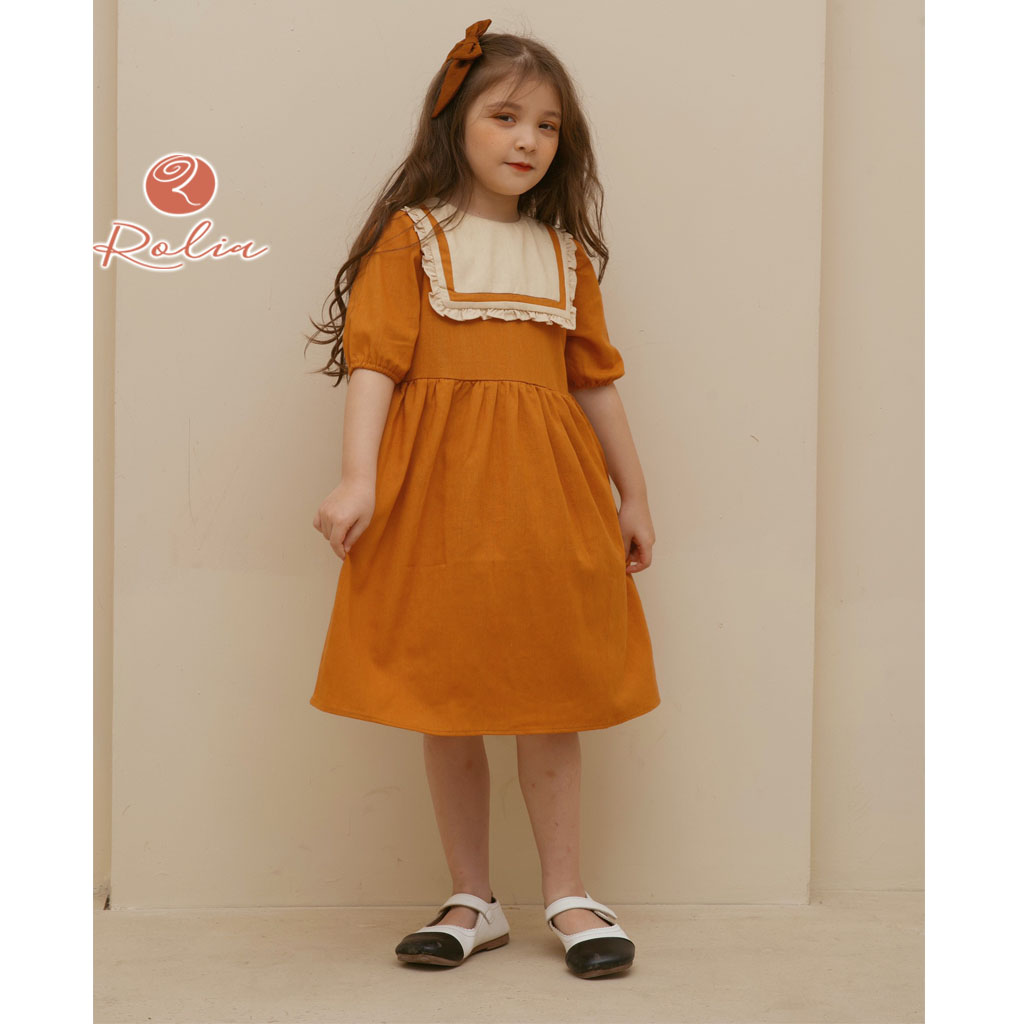 Váy cam cổ yếm phối ghi V98 chất vải linen, mặc xinh điệu sang chảnh cho bé gái từ 10-37kg