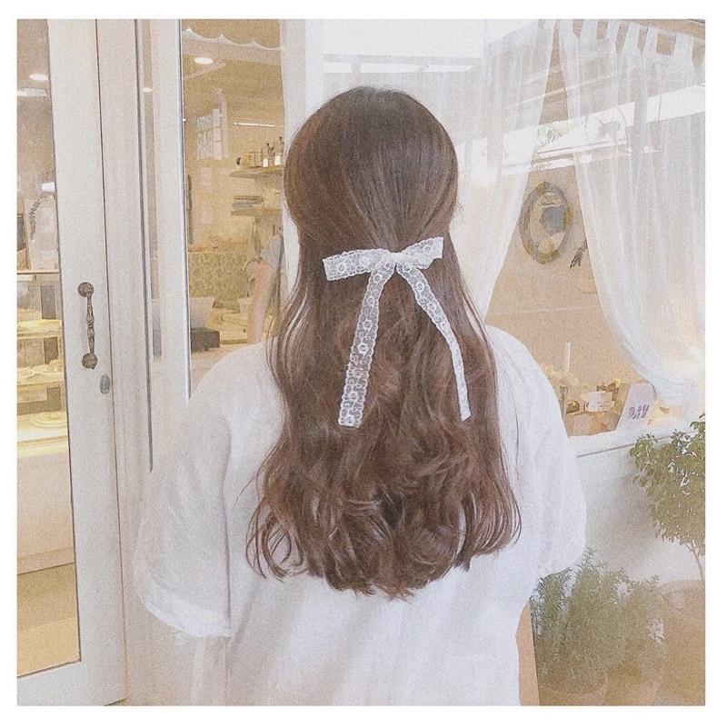Kẹp Tóc Nơ Ren Trắng Handmade Họa Tiết Hoa Cao Cấp Ribbon.mimi Doris cột / kẹp