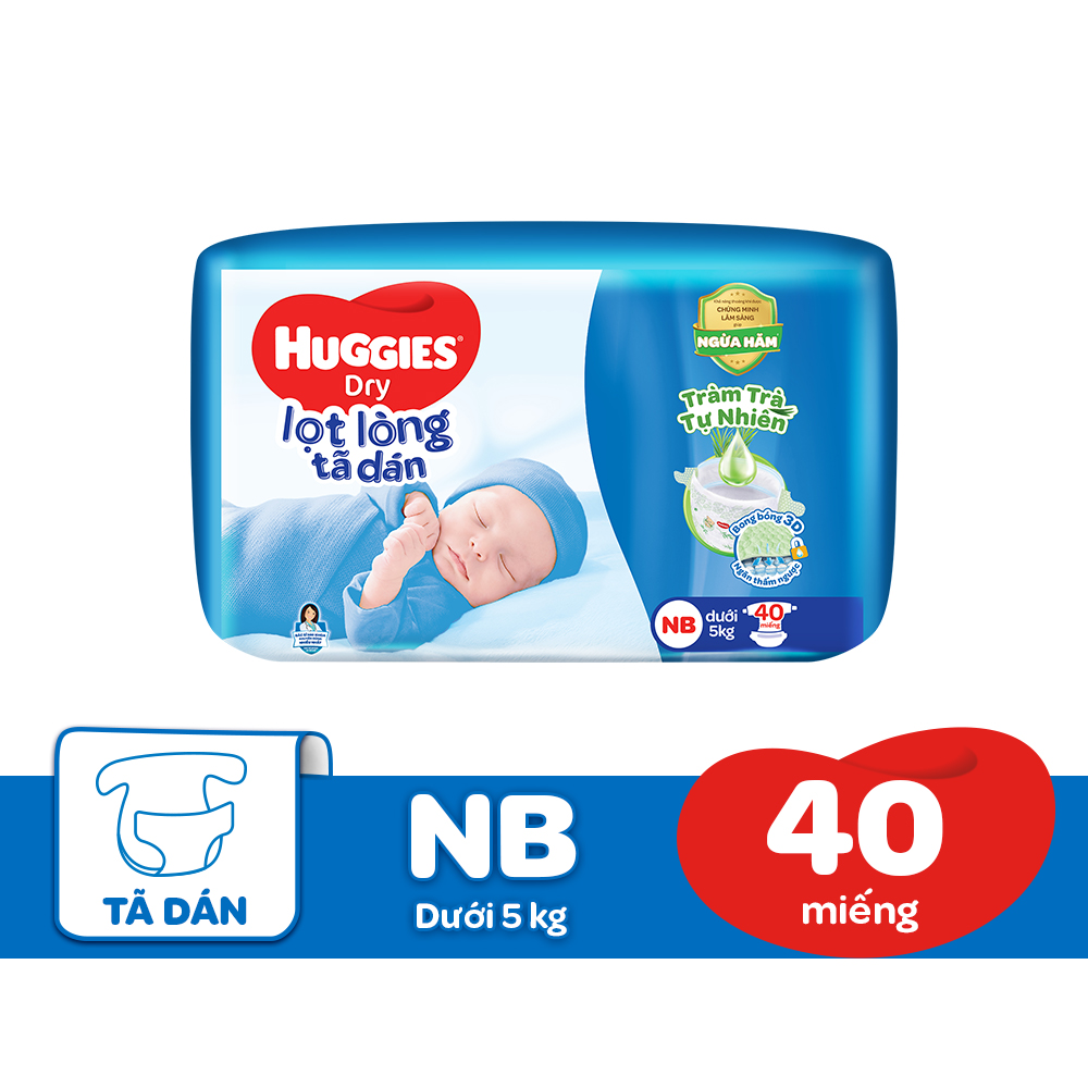 Thùng 6 Tã dán sơ sinh Huggies NB40 (dưới 5kg) - Gói 40 miếng Tràm Trà