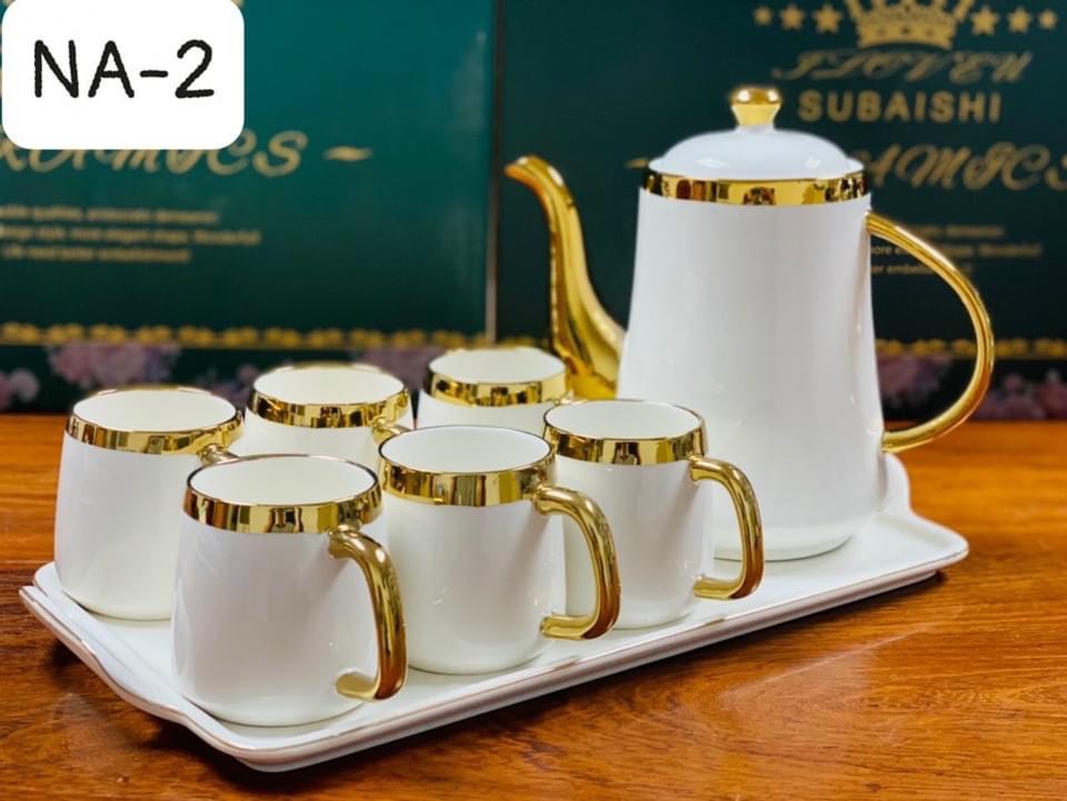 BỘ ẤM CHÉN KÈM KHAY SỨ PHA TRÀ CÀ PHÊ VIỀN VÀNG PHONG CÁCH CHÂU ÂU SANG TRỌNG