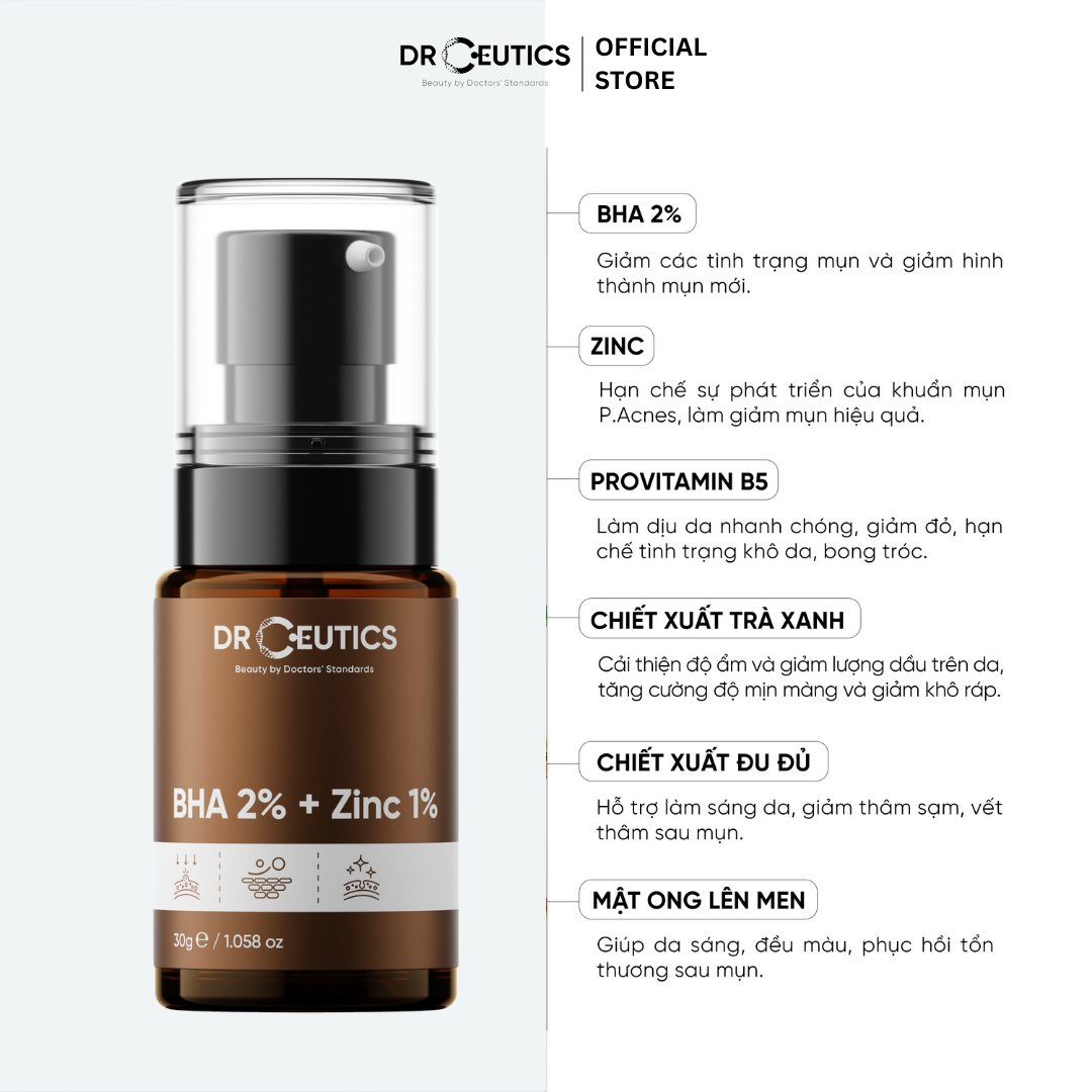 Serum BHA 2% + ZinC 1% DrCeutics Giảm Mụn Và Giảm Sưng Mụn