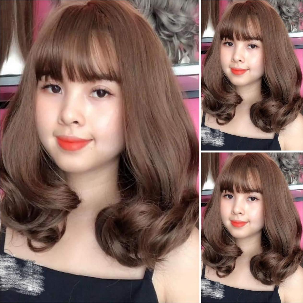 Tóc giả nữ nguyên đầu xoăn ngắn, tóc giả bộ cả đầu mái thưa