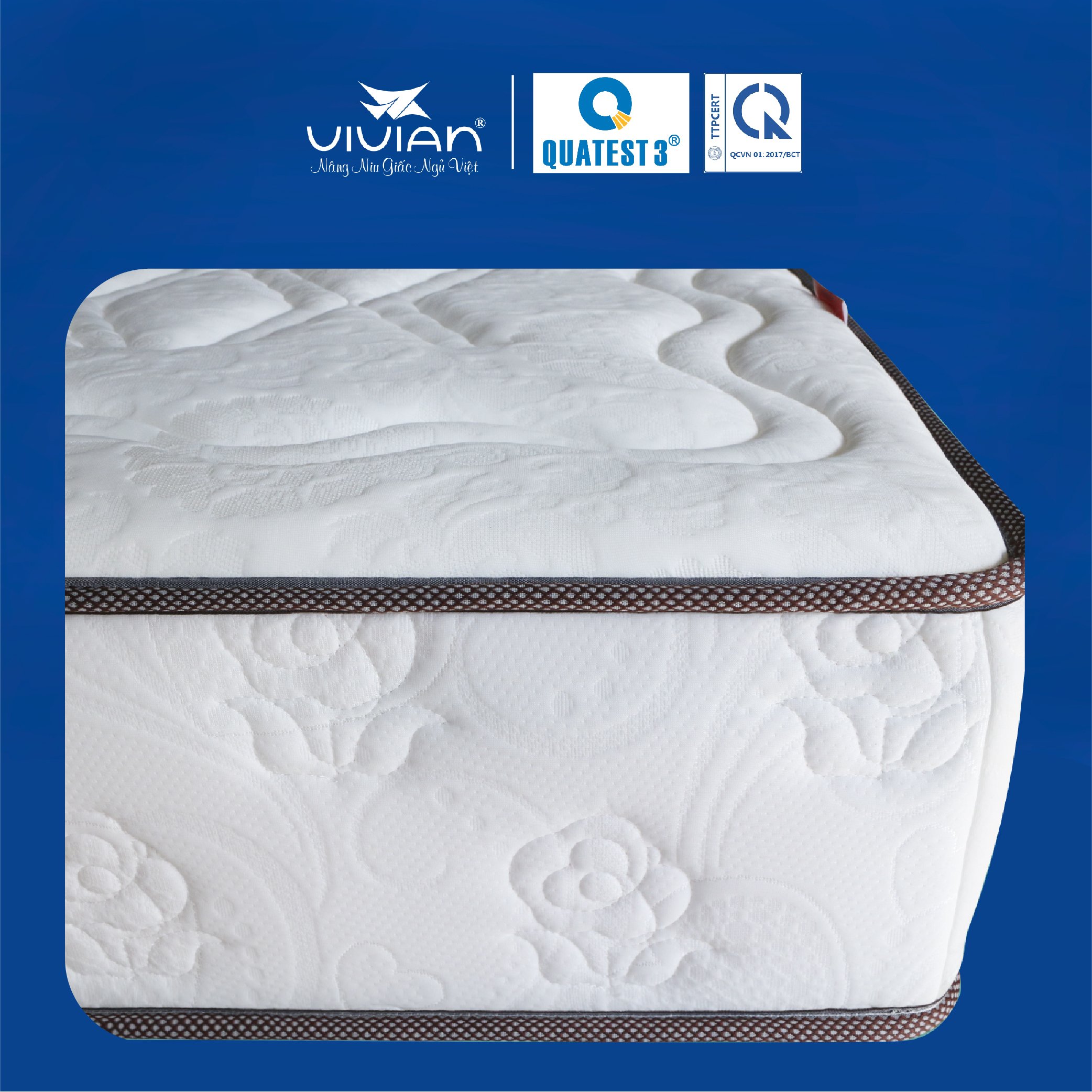 Nệm Lò Xo Túi VIVIAN 2 Viền - Hệ thống khung và các lò xo thép bền chắc không gỉ - Vải Gấm Damask Dệt Kim Cao Cấp - Trắng Chần Hoa Văn Ngẫu Nhiên