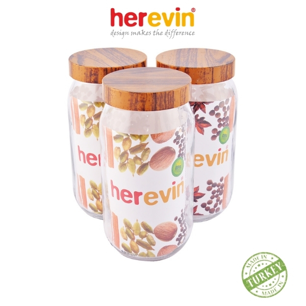 Bộ 3 Hũ Thủy Tinh Herevin Tròn Trơn Woody 1L - HEHU231377-205