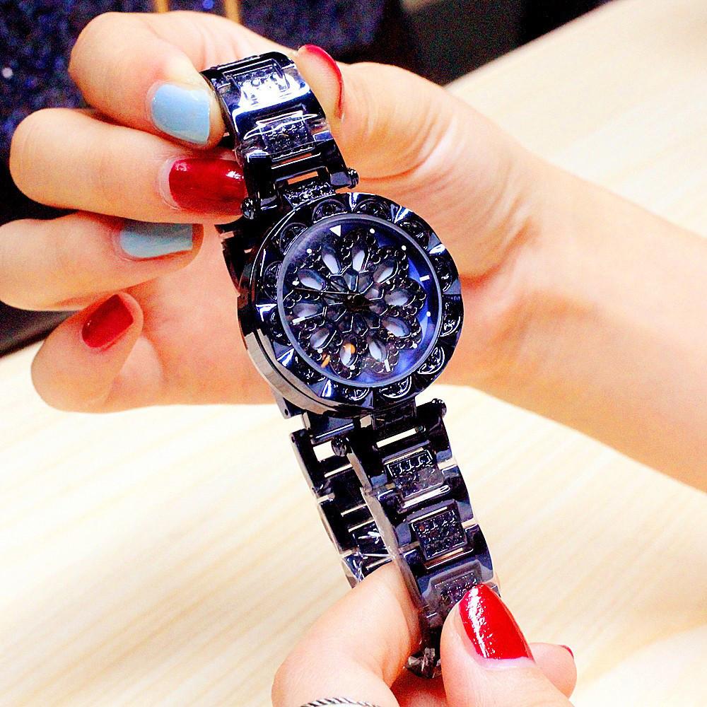 Đồng hồ nữ dây kim loại mặt tròn hoa xoay hai tầng xanh dương thời trang ĐHĐ13403 + Tặng lắc tay + Khăn lau mặt kính + 2 pin