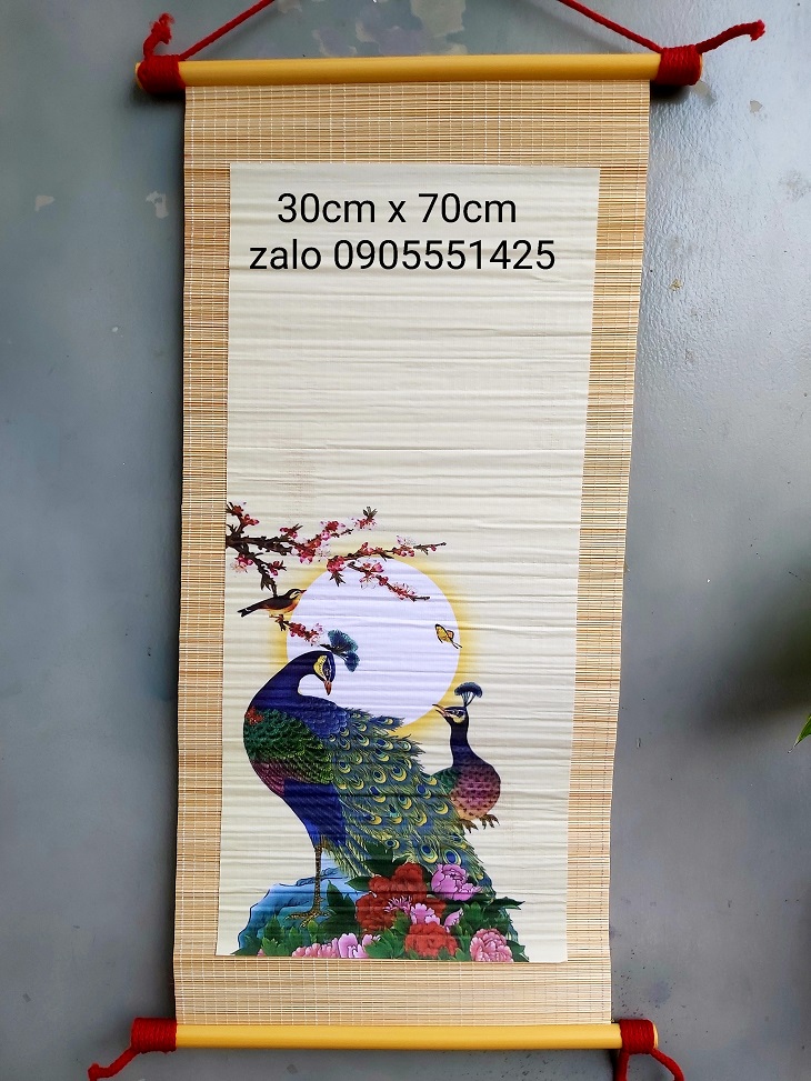 Bộ 4 mành tre viết thư pháp có in cảnh kích thước 30cm x 70cm