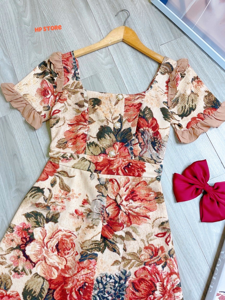Đầm Váy Nữ Hoa Nâu Đính Ngọc