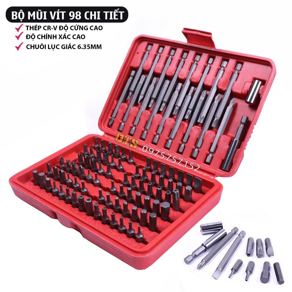 Bộ 98 chi tiết mũi vặn tua vít đa năng chuôi lục giác 6.35mm cho máy khoan điện cầm tay, máy khoan pin thép CR-V cao cấp