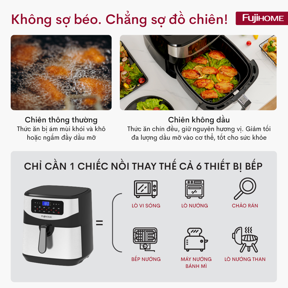 Hình ảnh Nồi chiên không dầu 8L điện tử Fujihome Nhật Bản tự ngắt (đi kèm gắp), Lò chiên nướng không khí ko dầu cơ không hơi nước air fryer 8 lít - Hàng Nhập Khẩu