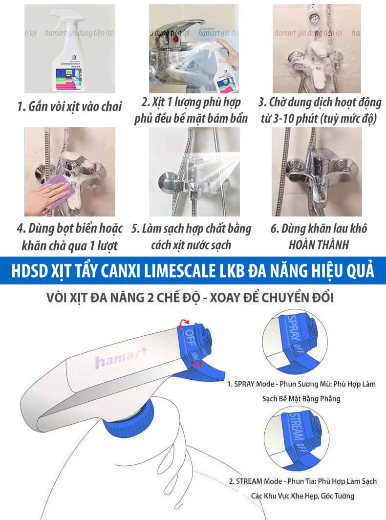 Chai Xịt Tẩy Cặn Canxi Inox Gương Kính Nhà Tắm LKB 350ml Tẩy Cặn Ố Mờ Vòi Sen Lavabo Hồ Cá Tường Gạch Đa Năng