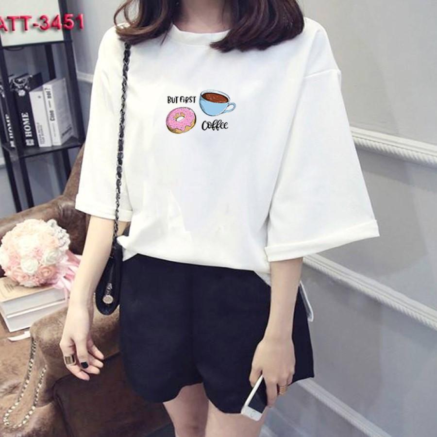 Áo thun nữ tay lỡ Hàn Quốc form rộng in hình bánh và coffe vài dày mịn TEEWOTL21