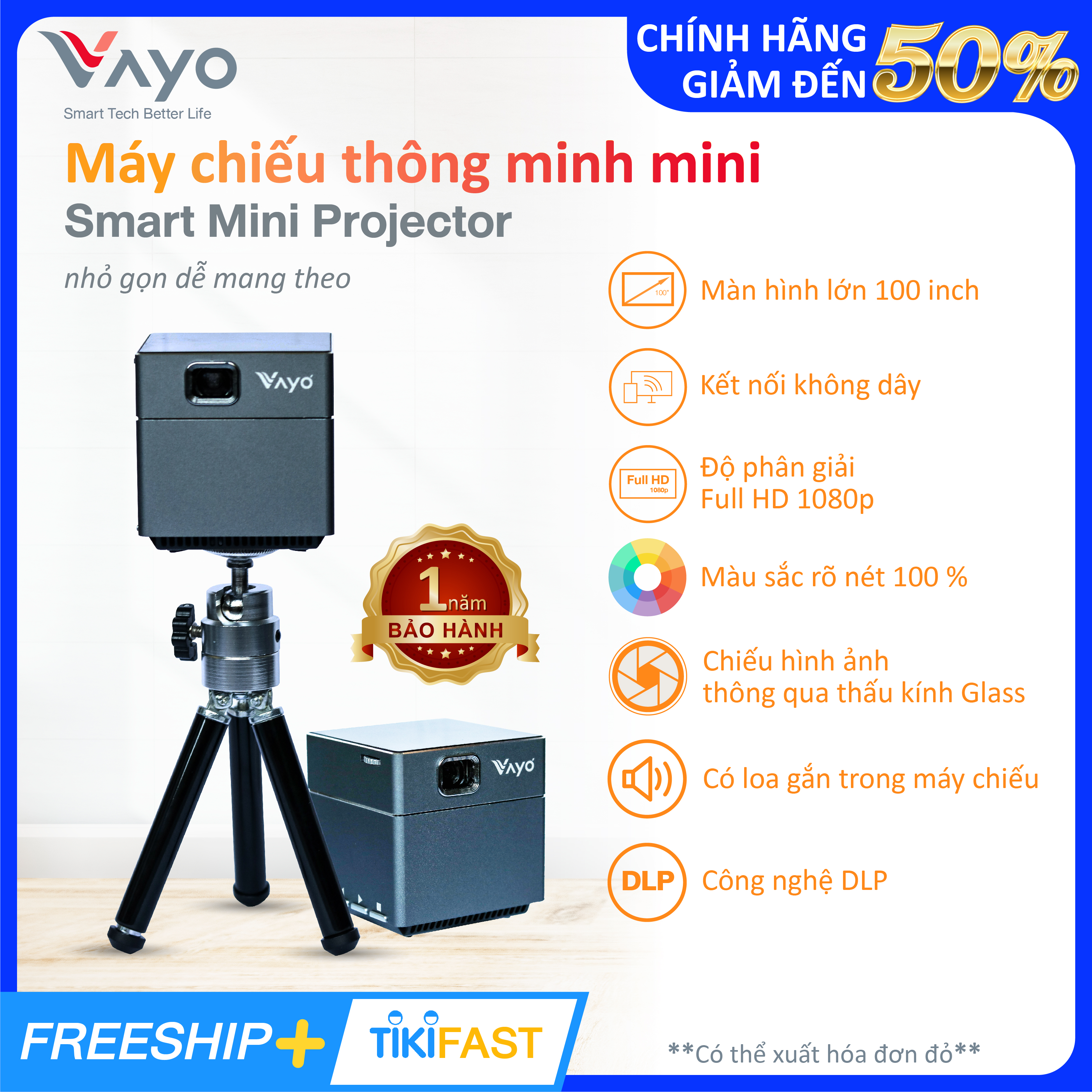 Máy chiếu thông minh mini Vayo - Smart Mini Projector công nghệ DLP kết nối Android, IOS, pin 2 tiếng, có sẵn loa, độ phân giải fullHD sắc nét, hàng chính hãng, bảo hành 12 tháng