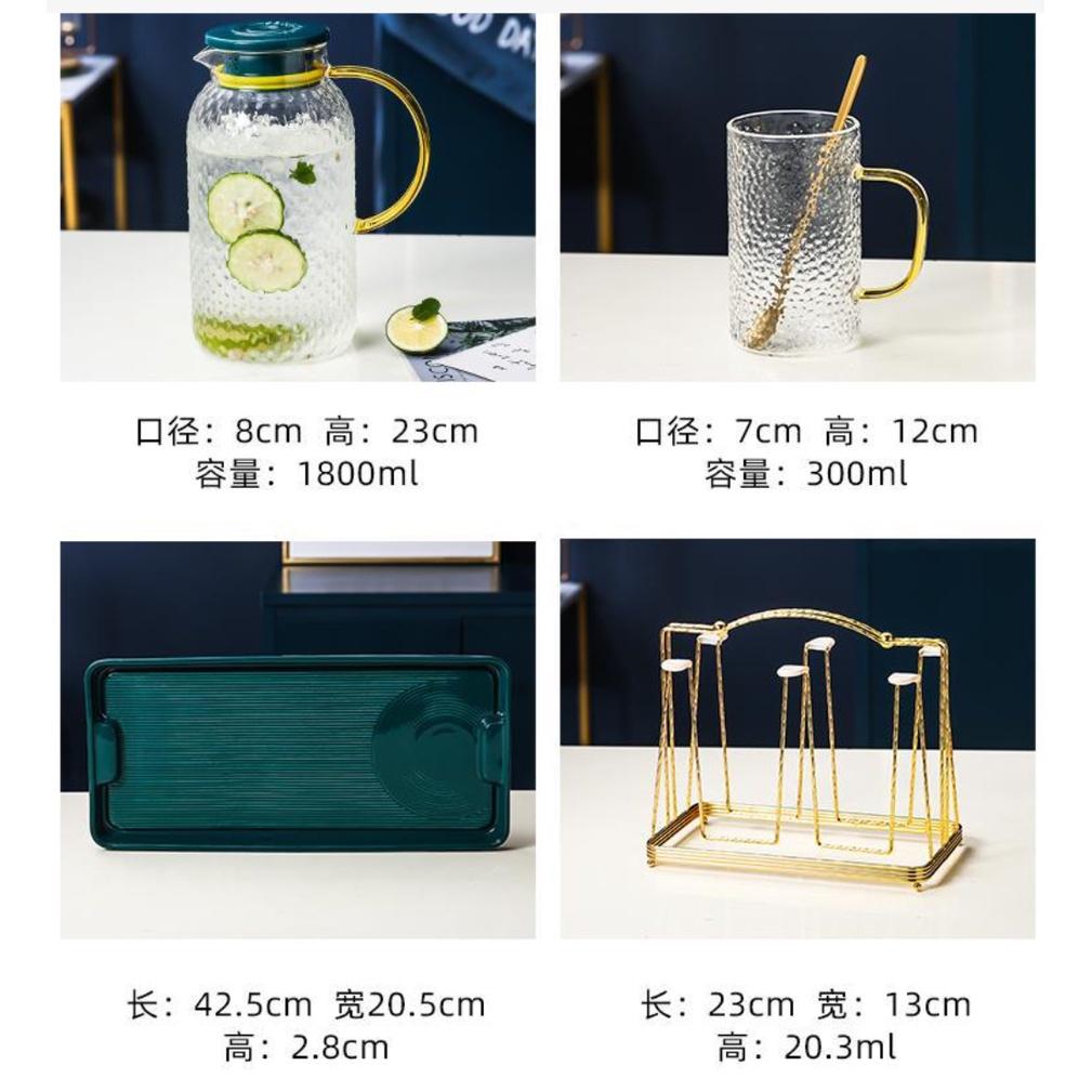 Bộ Bình 6 Cốc Thủy Tinh Chịu Nhiệt, Kèm Khay Và Gía Treo cốc Thủy Tinh Viền Vàng Cao Cấp