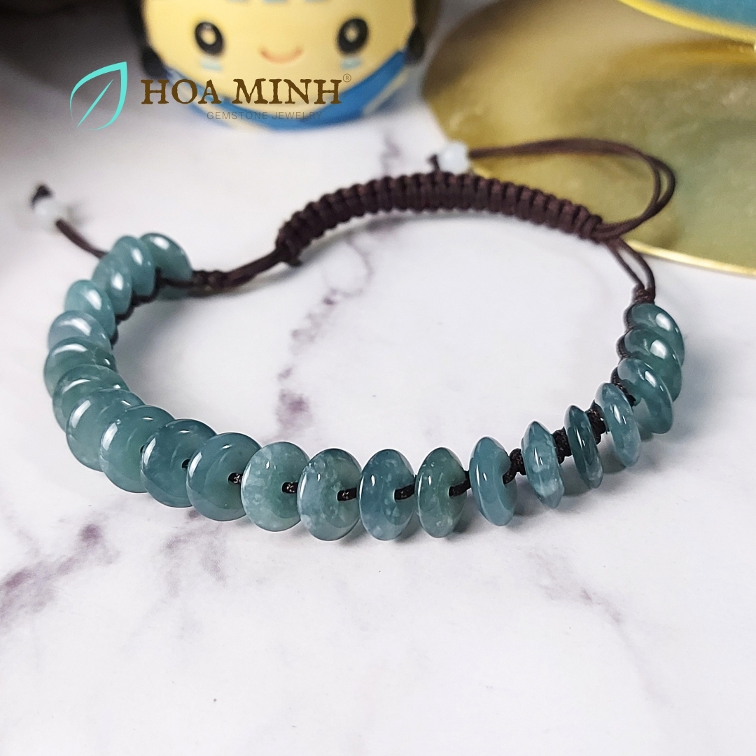 Vòng tay chỉ handmade thắt đồng điếu Cẩm Thạch Lam Ngọc size 8 li vừa mọi ni tay phong thủy may mắn, hạnh phúc