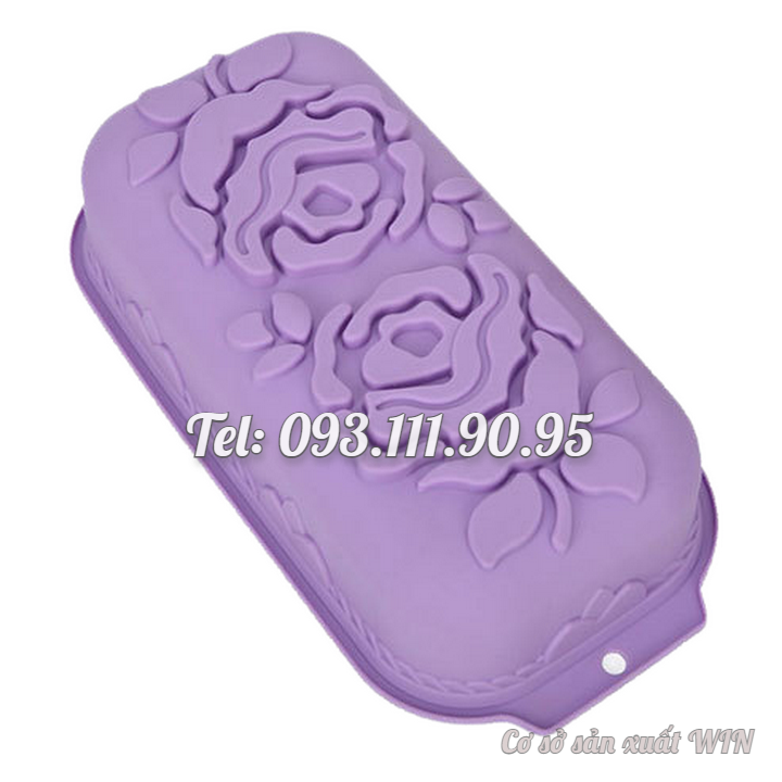 Khuôn silicon làm đế bánh, rau câu, bánh mì hình chữ nhật hoa hồng đôi kèm lá - Loại 29 cm - Mã số 1109