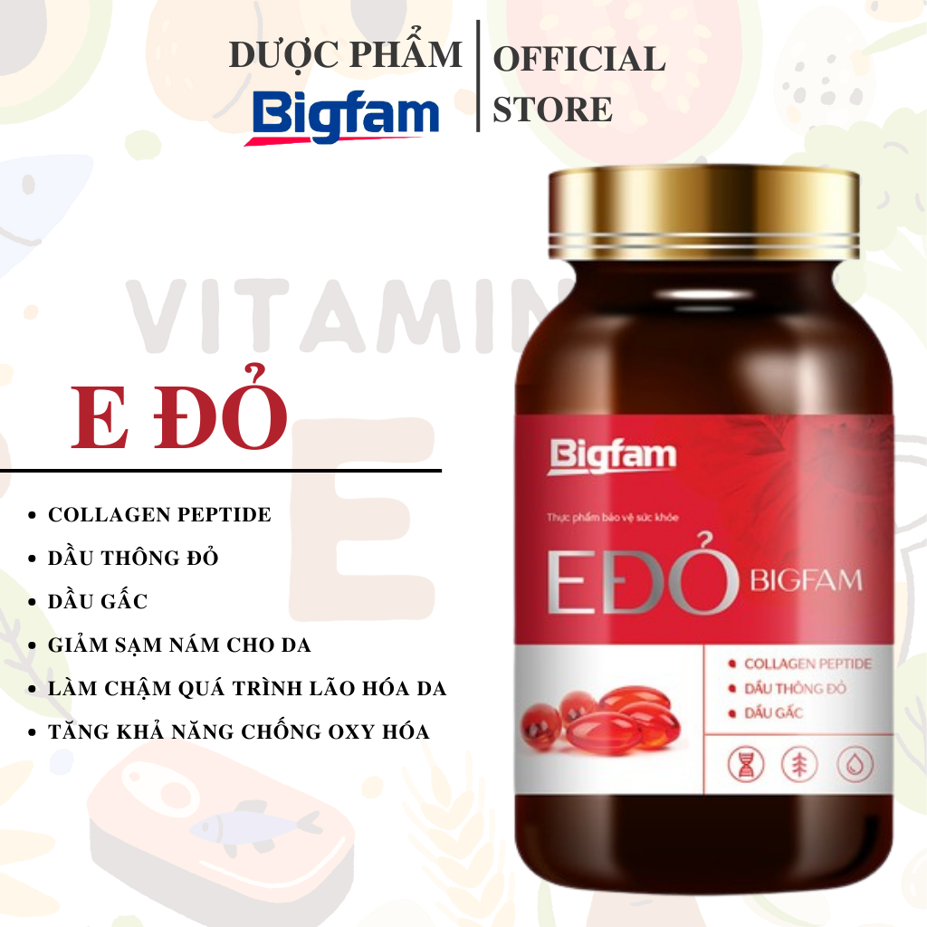 Thực phẩm bảo vệ sức khỏe E Đỏ Bigfam bổ sung Vitamin E hỗ trợ làm làm đều màu da, chống oxy hóa cho cơ thể (Hộp 30 viên)