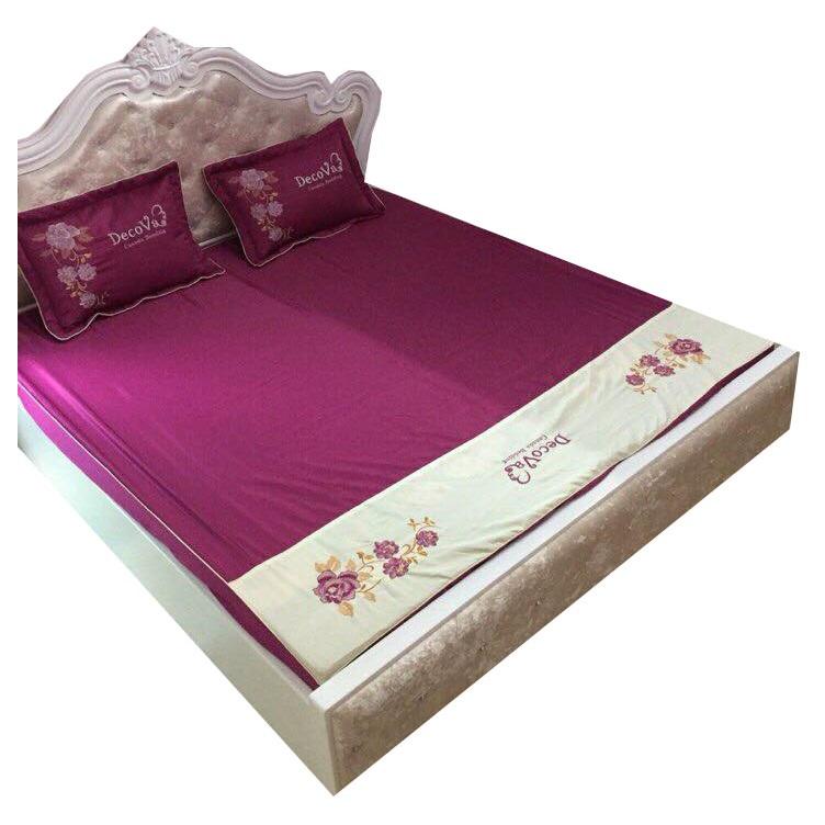Bộ ga gối vỏ ôm satin chun thêu hoa - Vàng