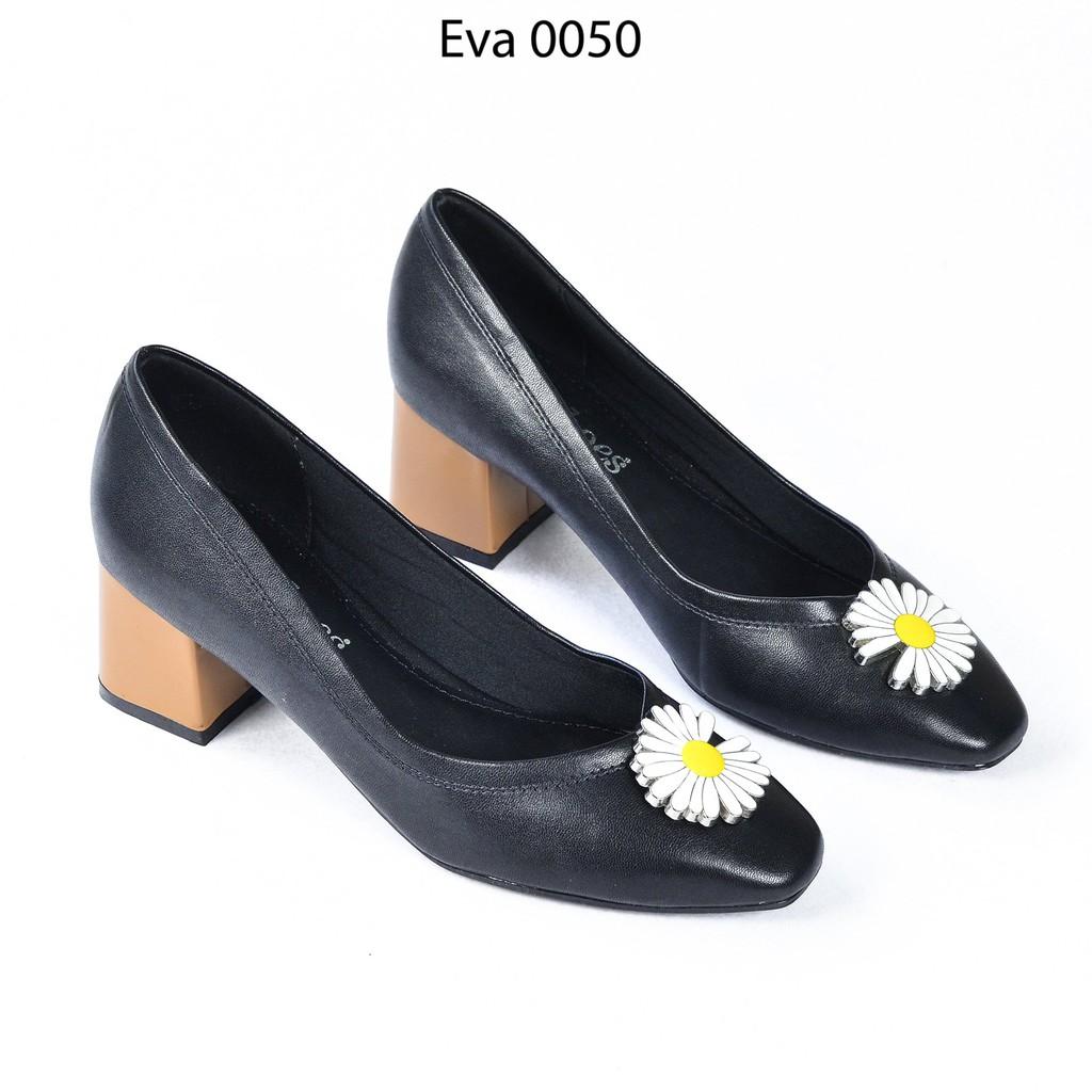 Giày Cao Gót Đế Vuông Nơ Hoa Cúc Da PU 5cm Evashoes - Eva0050