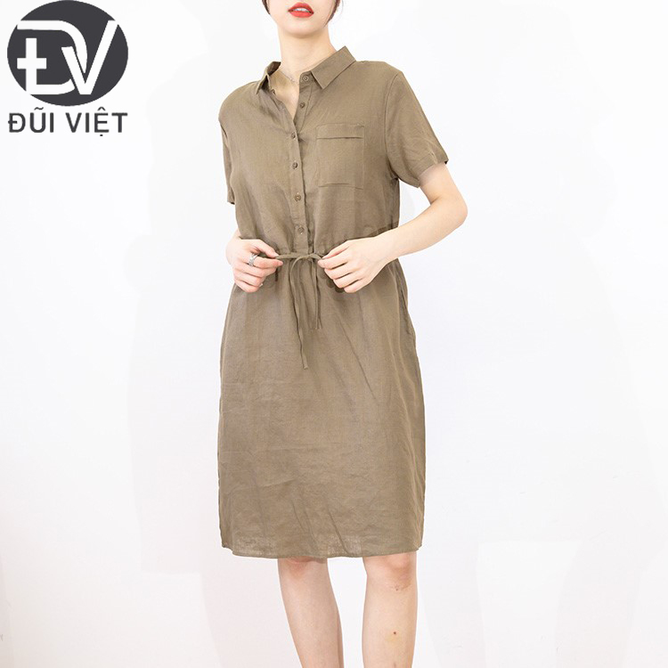 Váy Sơ Mi Đũi Việt Đầm Công Sở Thắt Eo Thiết Kế Cổ Sơ Mi Cài Nút Phong Cách Hàn Quốc Trẻ Trung