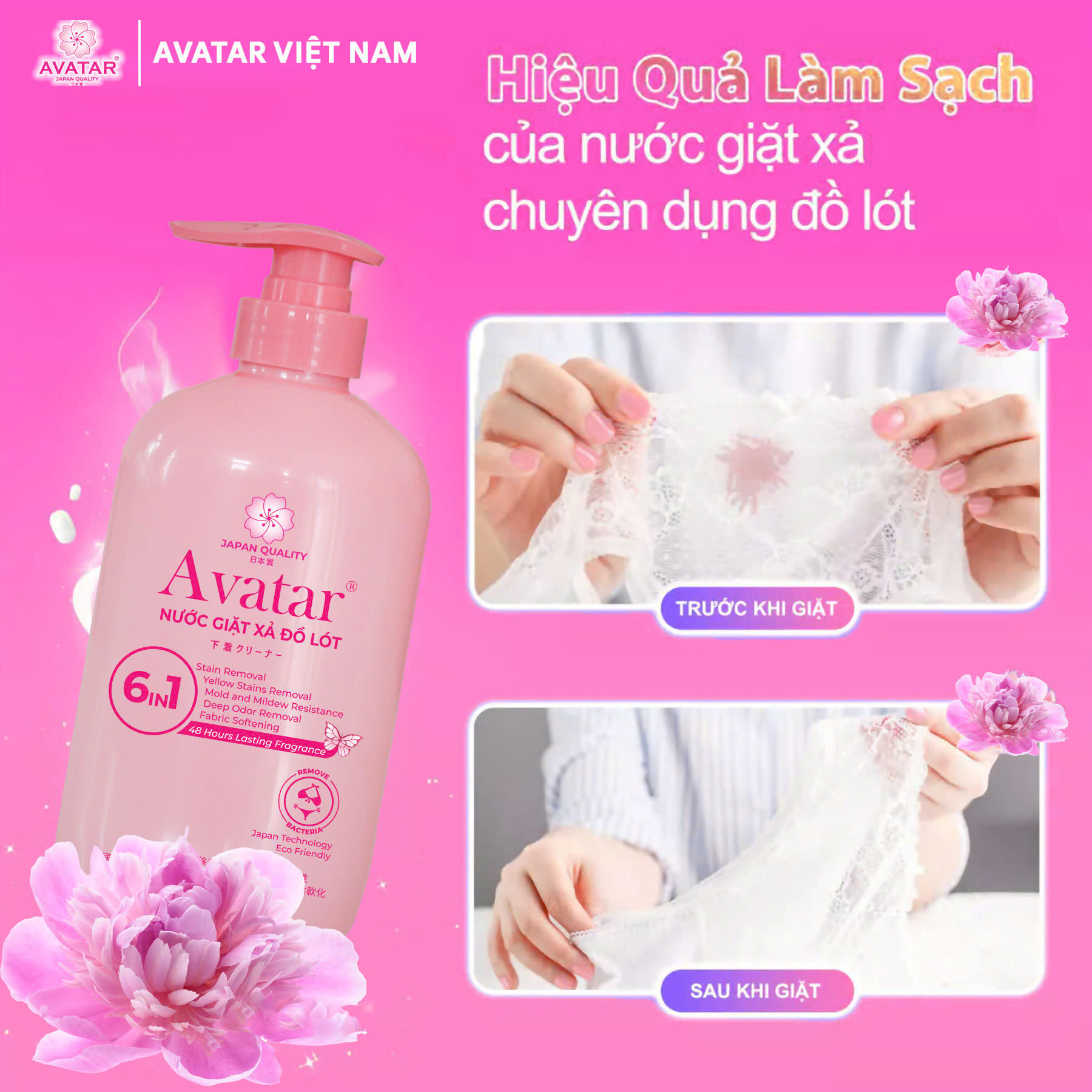 Nước giặt đồ lót AVATAR lưu hương 48 hours 6 in1 (Chai 500ML) - Hương Anh Đào Ngọt Ngào