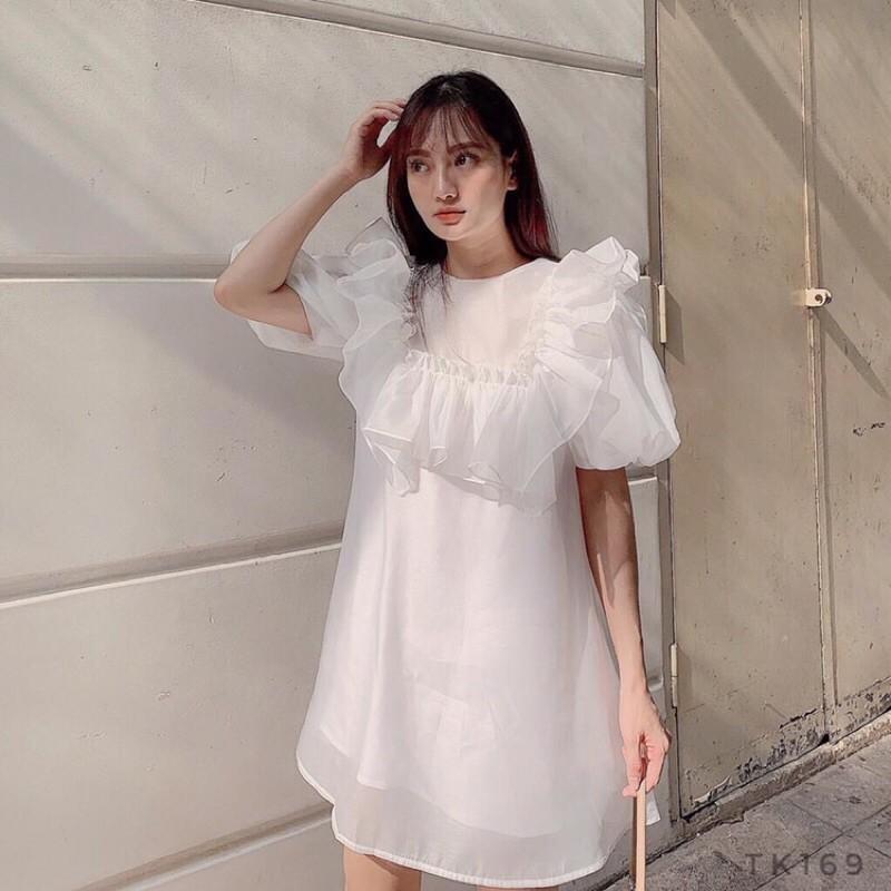 Đầm babydoll voan xốp viền bèo có ảnh thật