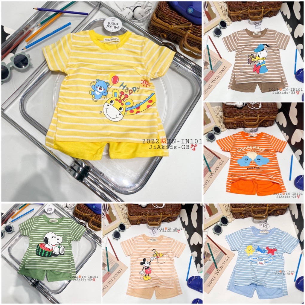 NT057 Bộ cộc tay, ngắn tay thun lạnh Minky Mom sọc dệt vải trơn in hoạ tiết cho bé