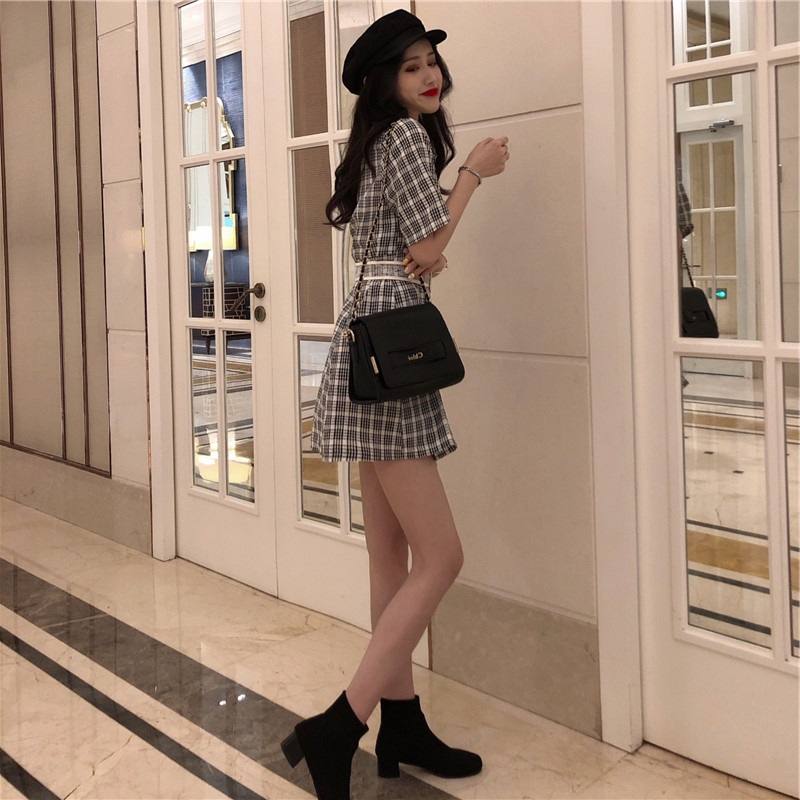 Hàng Quảng Châu - Đầm xòe caro cổ vest vintage thanh lịch trẻ trung - D82208