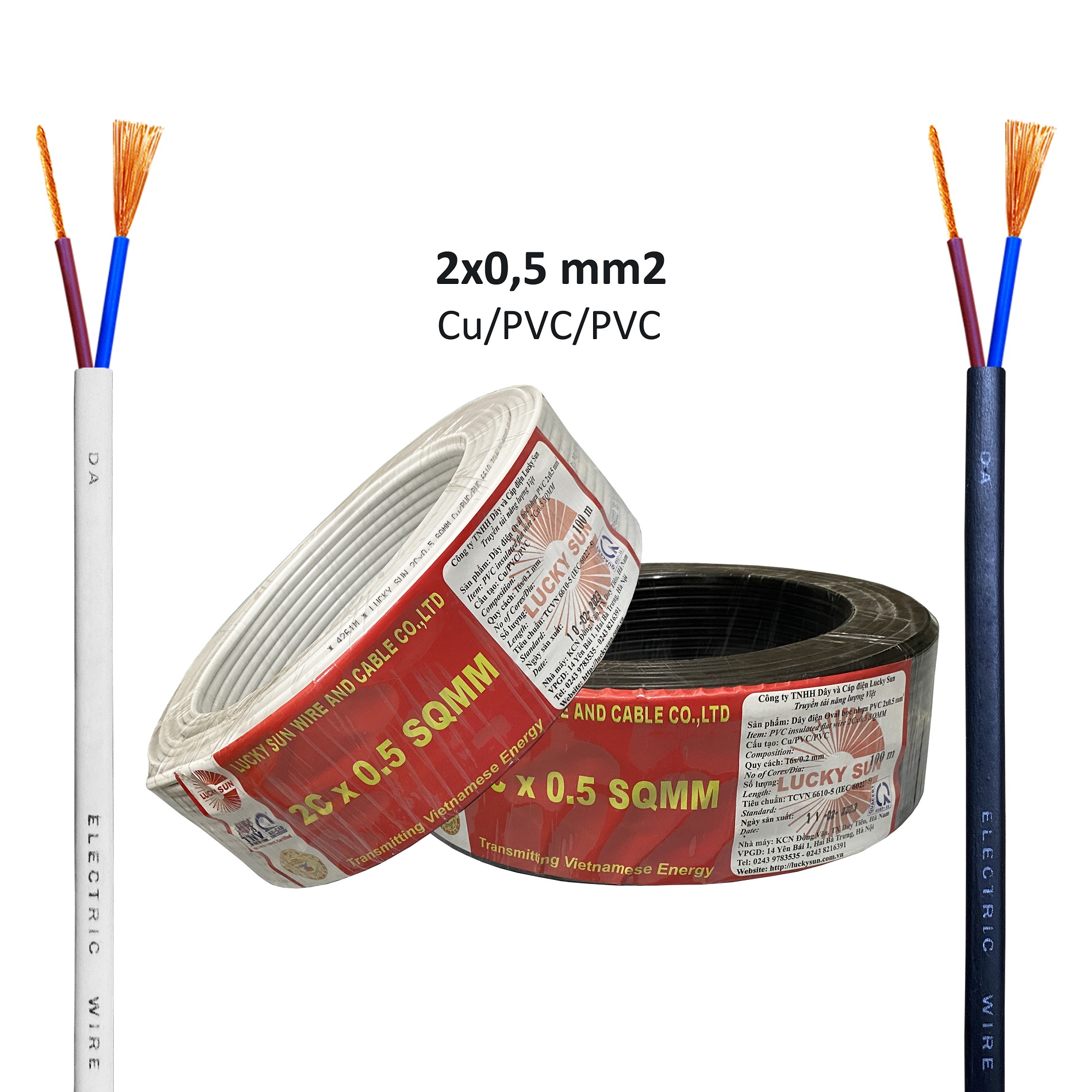 Sỉ cuộn 100m Dây điện dẹt đôi bọc vỏ ovan mềm 2x0,5 2x0.5 Cu/PVC/PVC Lucky-Sun W0-2x05x