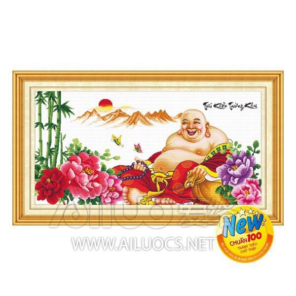 Tranh thêu chữ thập Tiếu khẩu trường khai - Phật di lạc chưa thêu