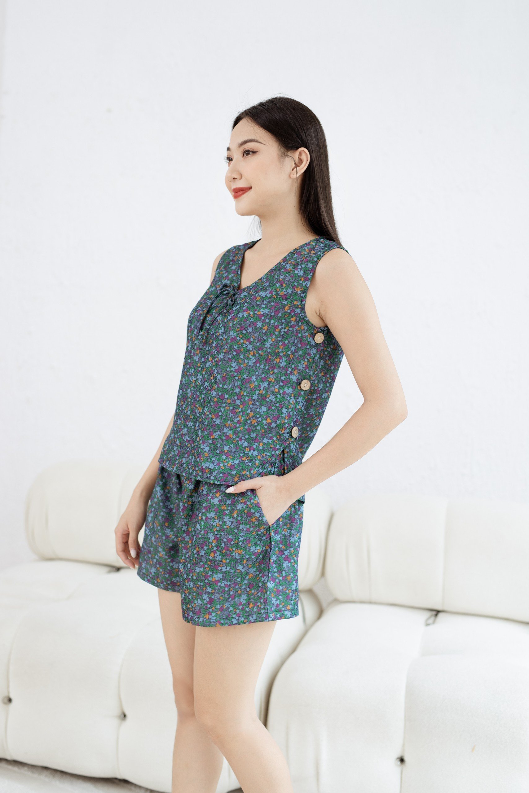 Đồ bộ đùi không tay nơ cổ hoa hồng cam NH060101