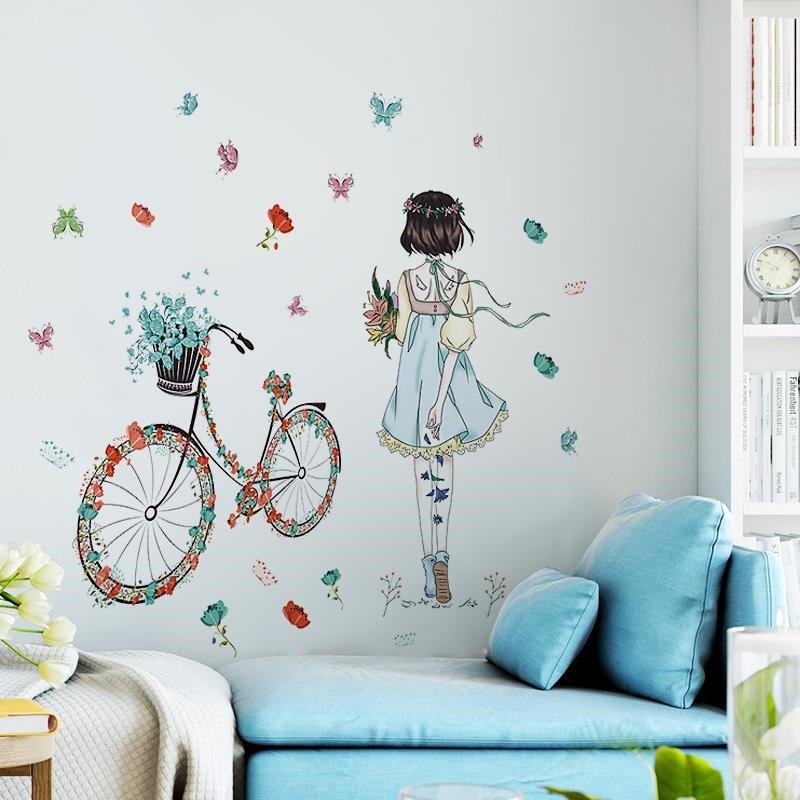 Decal dán tường cô gái dưới hoa đào lãng mạn