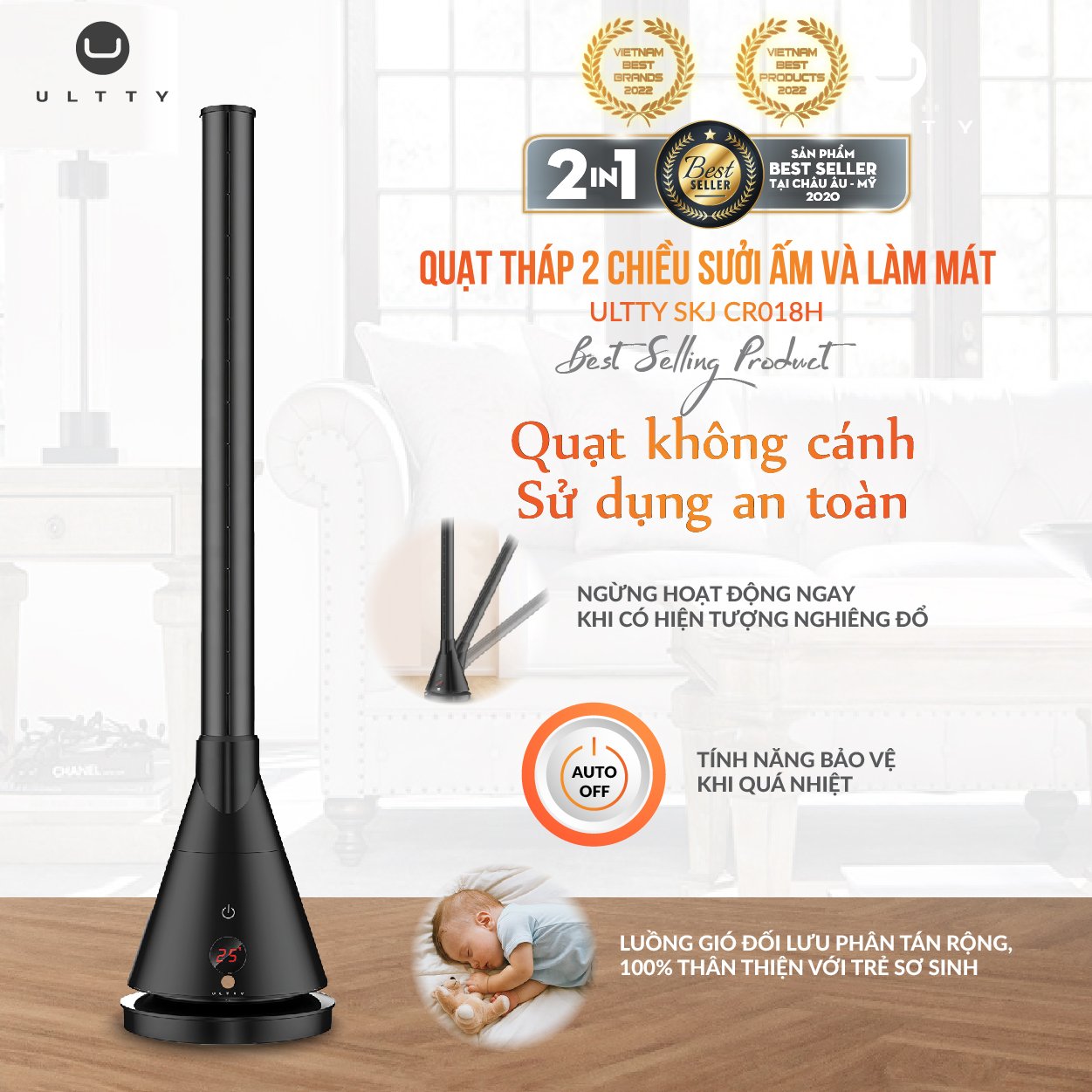Quạt Làm Mát Và Sưởi Ấm ULTTY SKJ-CR018H, Chất Liệu Sưởi Gốm Ceramic Không Đốt Cháy Oxy, Không Khô Da, Tự Động Tắt Khi Quá Nhiệt - Màu Trắng - Hàng Chính Hãng