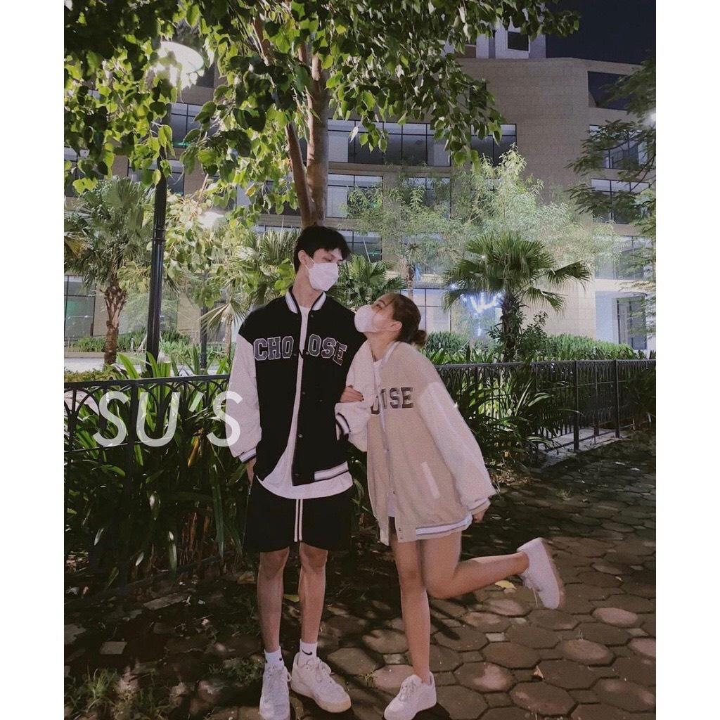 Áo Khoác Bomber Bóng Chày Nhung Gân Tăm Thêu CHOOSE Phối Tay 2 Màu 2 Lớp Form Rộng Unisex Nam Nữ Ulzzang Hot Trend