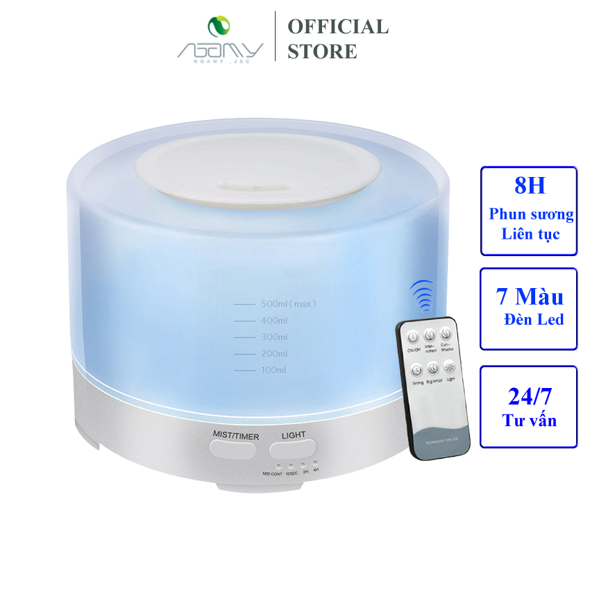 [Hàng Chính Hãng] Máy Xông Tinh Dầu Phun Sương Tạo Ẩm Hình Trụ Trong Dung Tích 550ml Có Điều Khiển , Chế Độ Hẹn Giờ 1h/3h/6h/on Đèn Led 7 Màu Phun Sương Tạo Âm Trong Phòng Điều Hòa