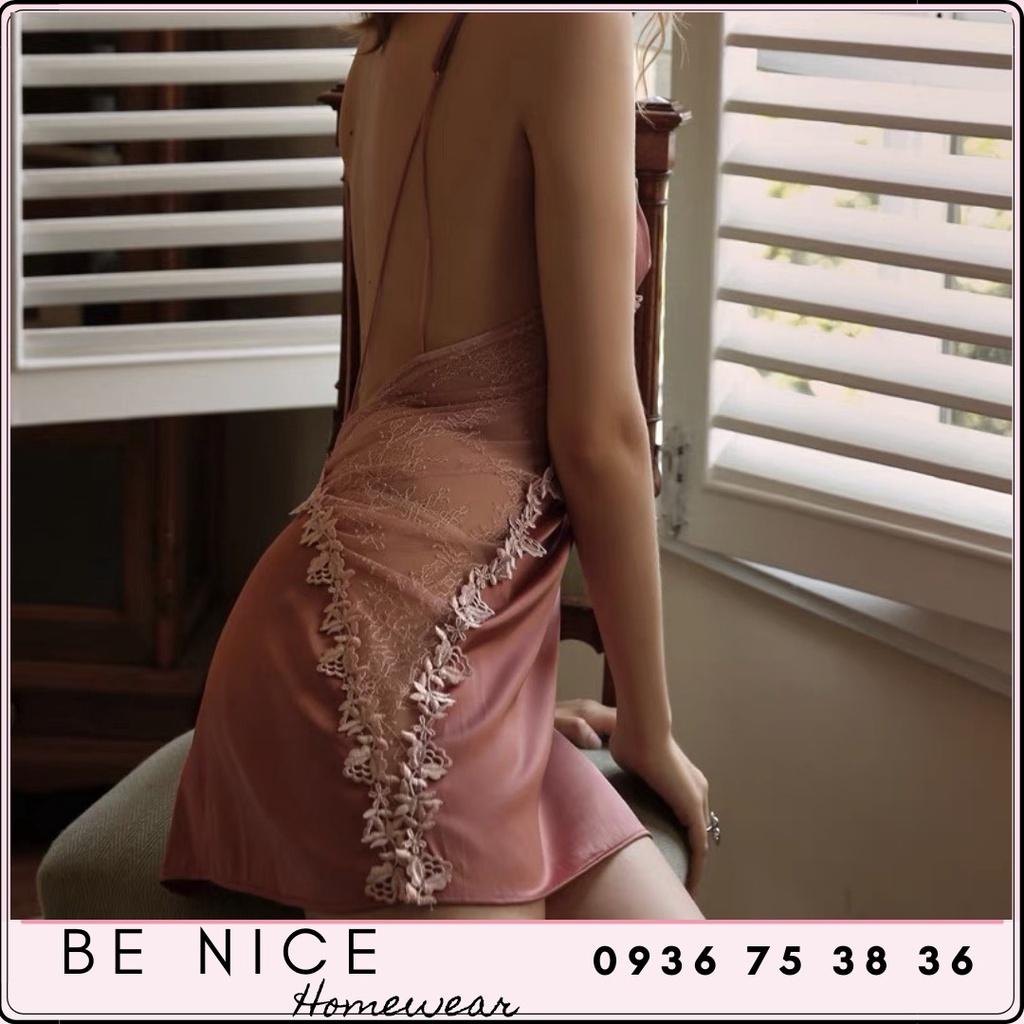 Váy lụa sexy phối ren hông hàng QC cao cấp, Be Nice Homewear