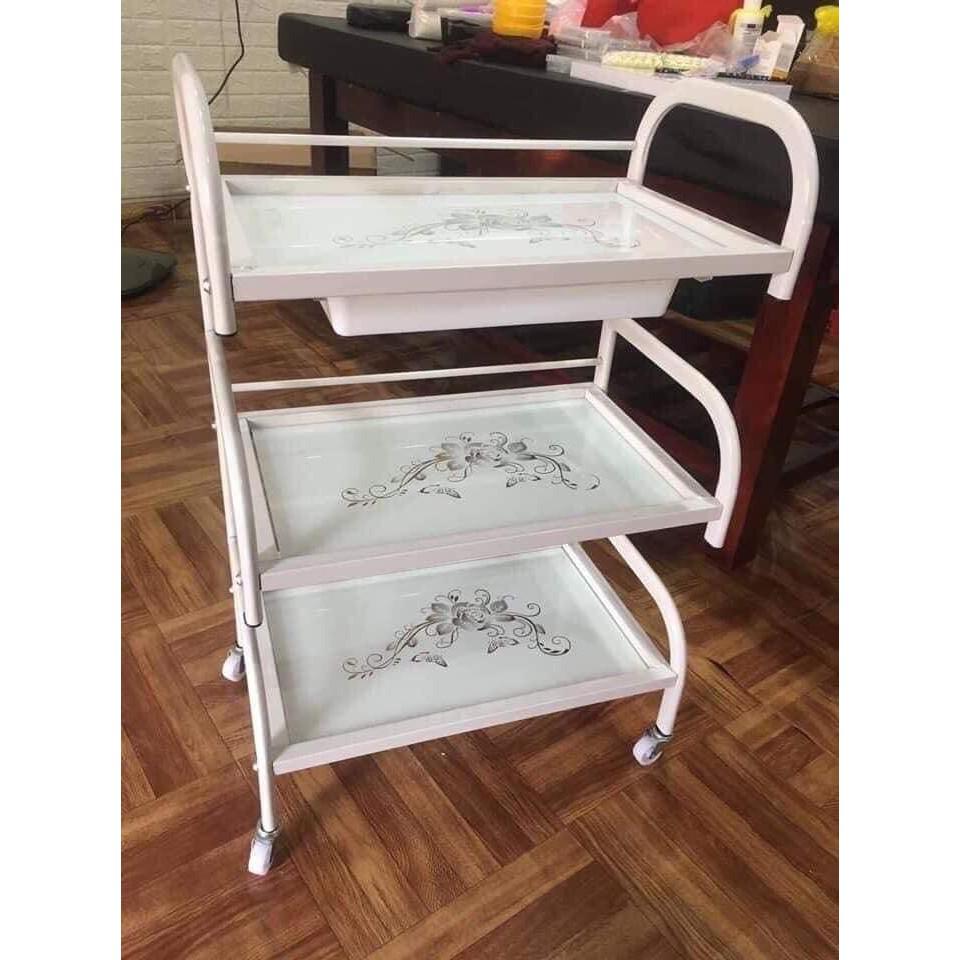 Xe Đẩy Kính Kệ 3 Tầng Có Bánh Xe Dùng Trong Spa, TMV và Các Salon Tóc